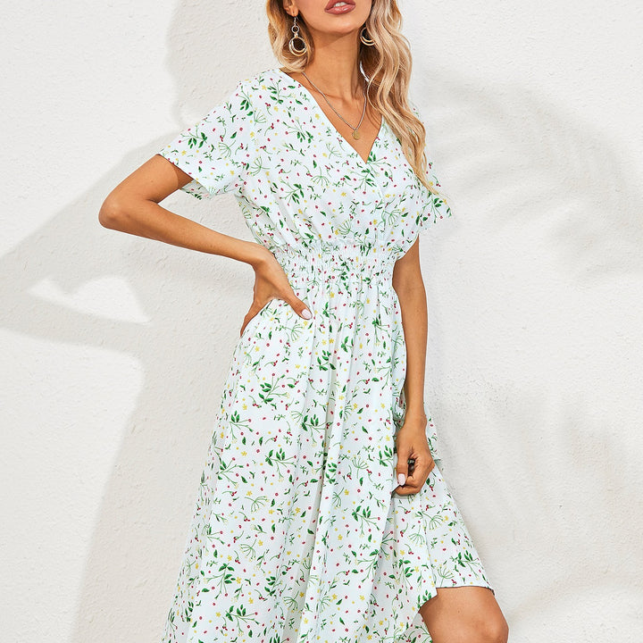 Dame Floral Midi Kjole med elastisk Talje Stilla