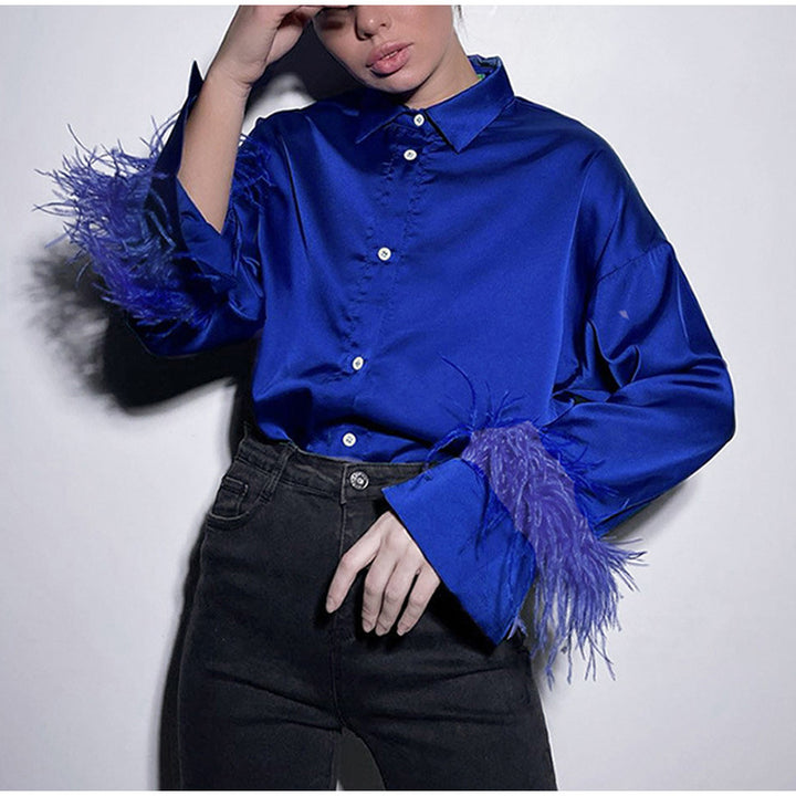 Dame Satin Bluse med elegante Fjer Stilla