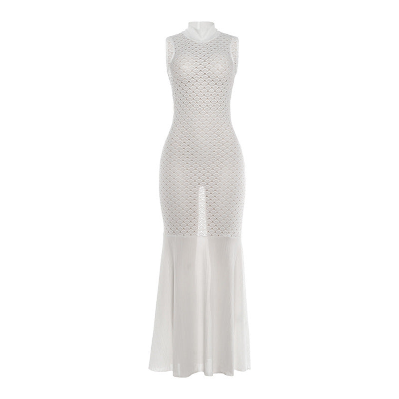 Damen Maxikleid mit transparentem Spitzenmuster und schickem Schlitz Skovae