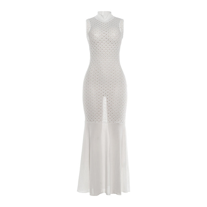 Damen Maxikleid mit transparentem Spitzenmuster und schickem Schlitz Skovae