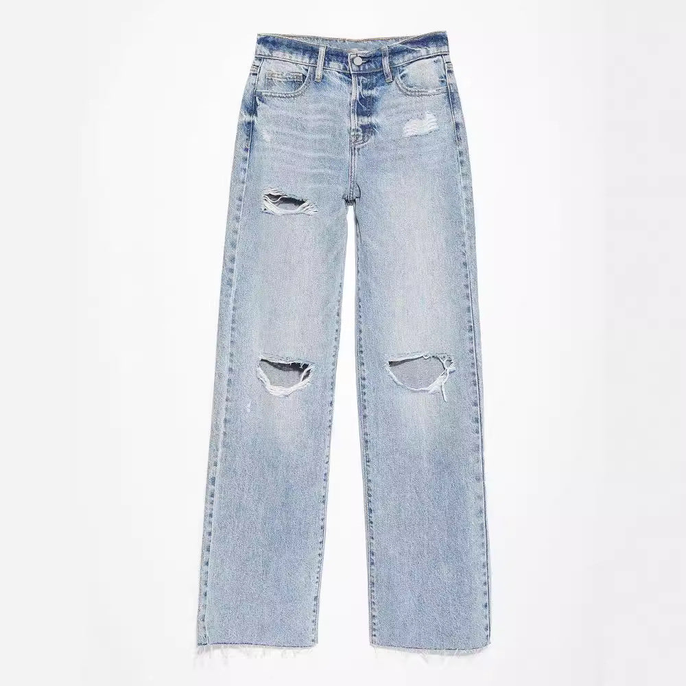Dame High-Waist Ødelagte Jeans med frynset kant Stilla