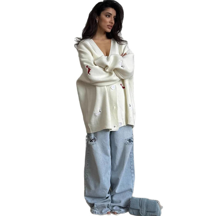Kvinders store strikket cardigan med dyreapplikationer Stilla