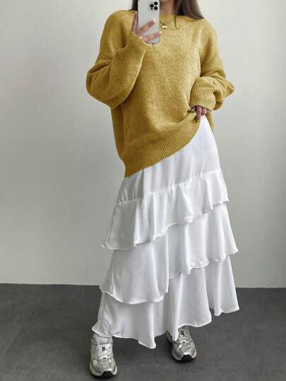 Femme Cozy Oversized Tekstureret Strikpullover med lagdelt Maxi-Nederdel Stilla