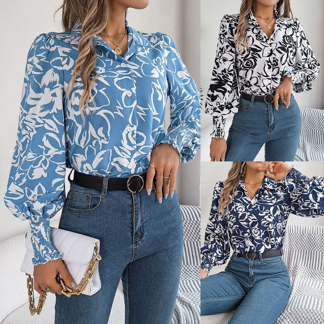Dame Elegant Bluse med floral design og puffærmer Stilla