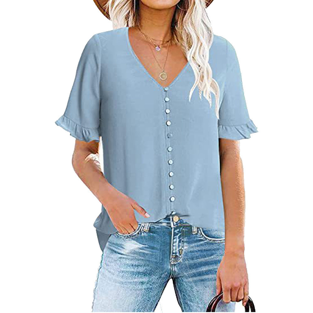 Damebluse med flæseærmer og stilrene knapper Stilla