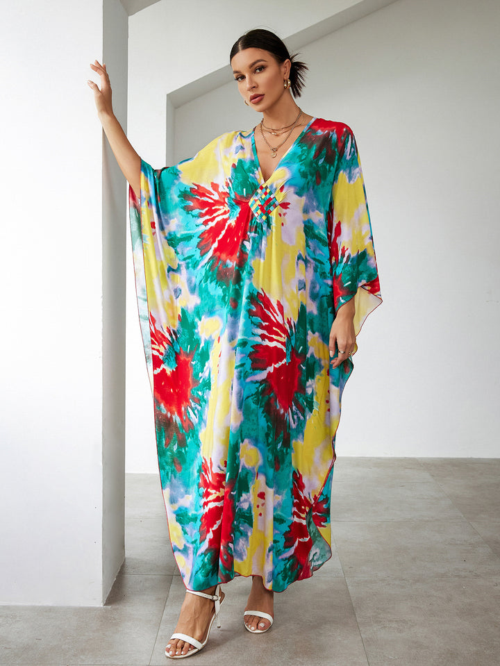 Dame Strandkaftan med elegant V-udskæring og farverigt mønster Stilla