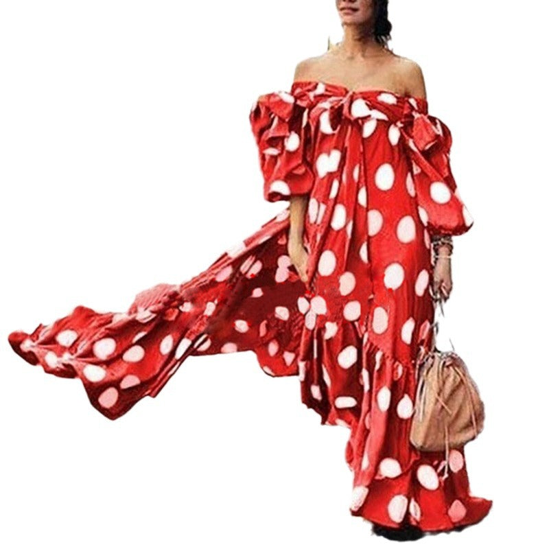 Dame Off-Shoulder Maxikjole med Puffærmer og unikt punkter-design Stilla