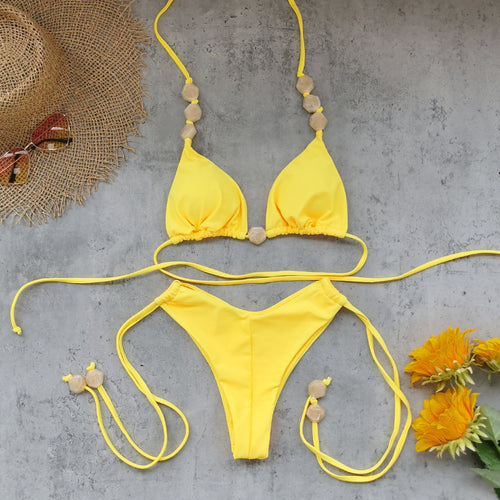 Dame bikini sæt med dekorative perle accenter og høj talje Stilla