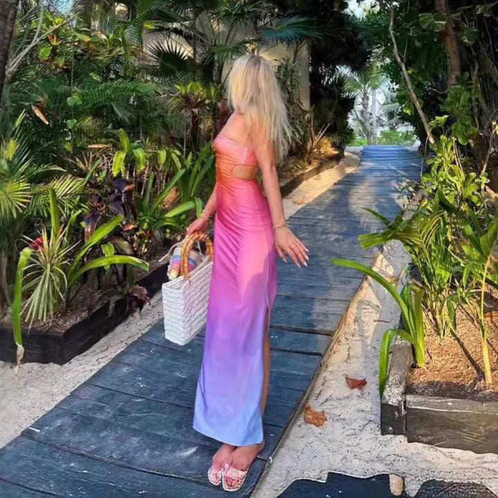 Dame strapless maxikjole i farvegradient Skovae