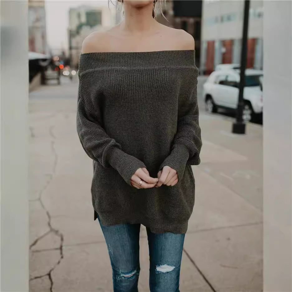 Damer afslappet off-shoulder strikpullover med løs pasform og stribet design Stilla