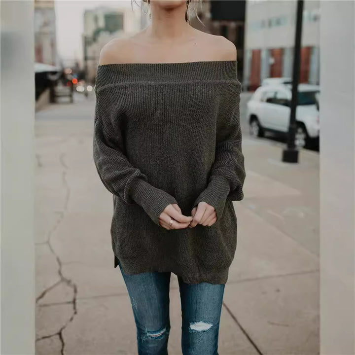 Damer afslappet off-shoulder strikpullover med løs pasform og stribet design Stilla