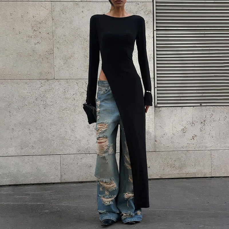 Dame elegant longsleeve overdel med sidelang split og vide ærmer Stilla