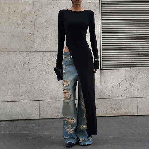 Dame elegant longsleeve overdel med sidelang split og vide ærmer Stilla