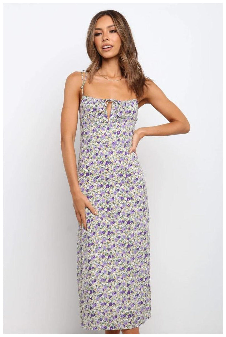 Dame Floral Print Maxi Kjole med justerbar bånd-detajle Stilla
