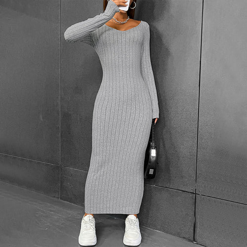 Kvinders langærmede figursyede strikkjole Stilla