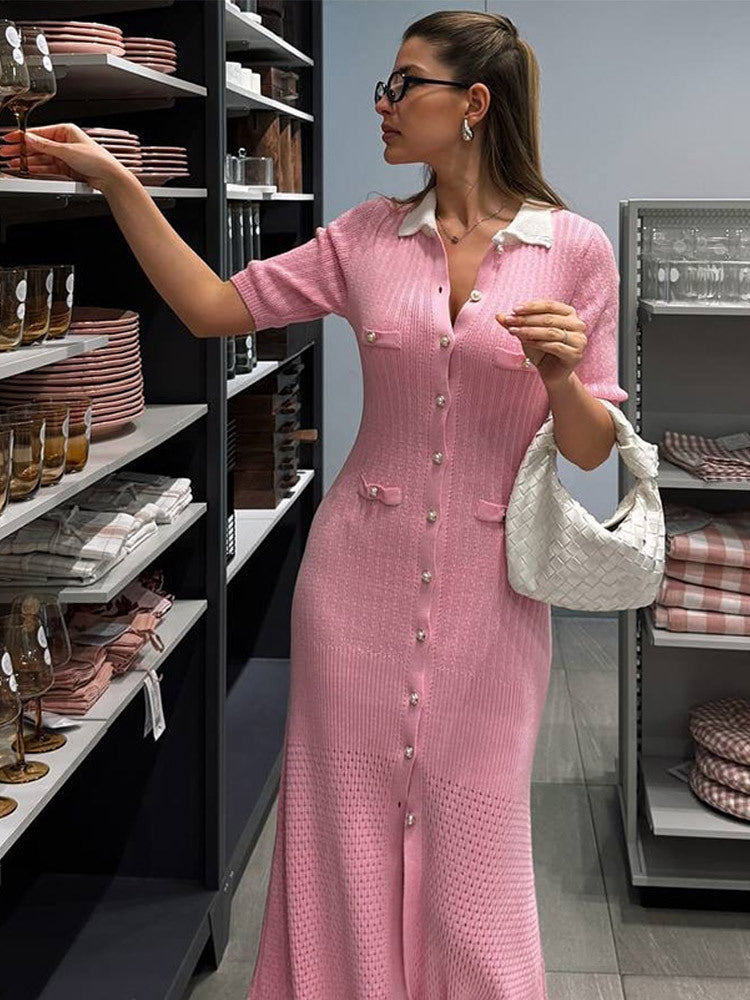 Dame Halværmet Maxikjole med Knapdetaljer og Elegant Krave Stilla