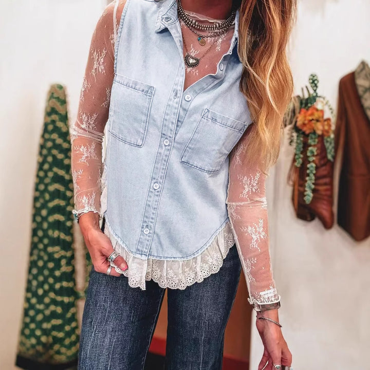 Dame afslappet jeansbluse med spidskant og to påsatte lommer Stilla