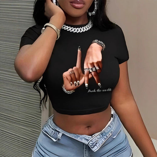 Dame Crop-Top med kunstnerisk statement-tryk Skovae