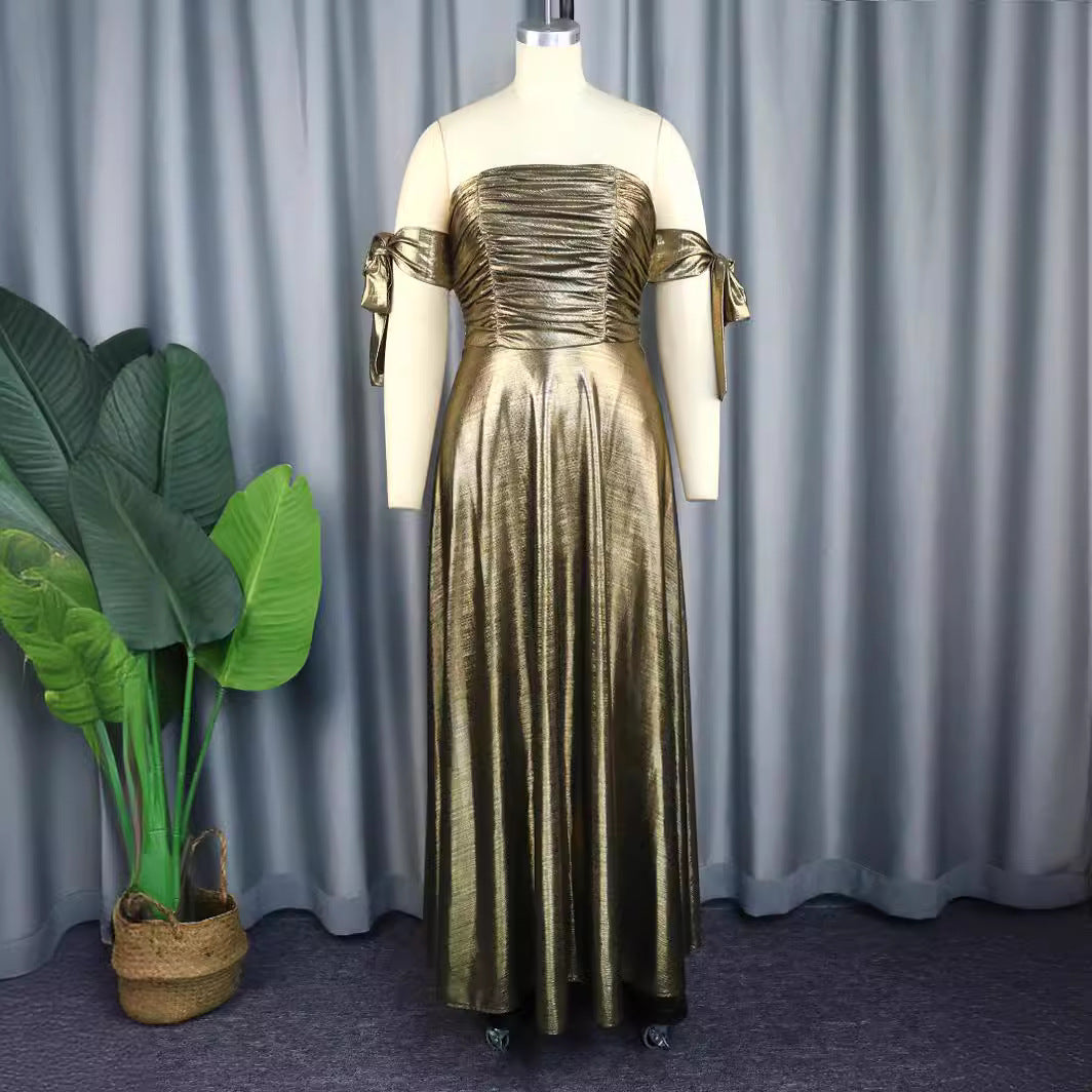 Dame Elegant maxikjole med ruched overdel og skinnende ærmer Skovae