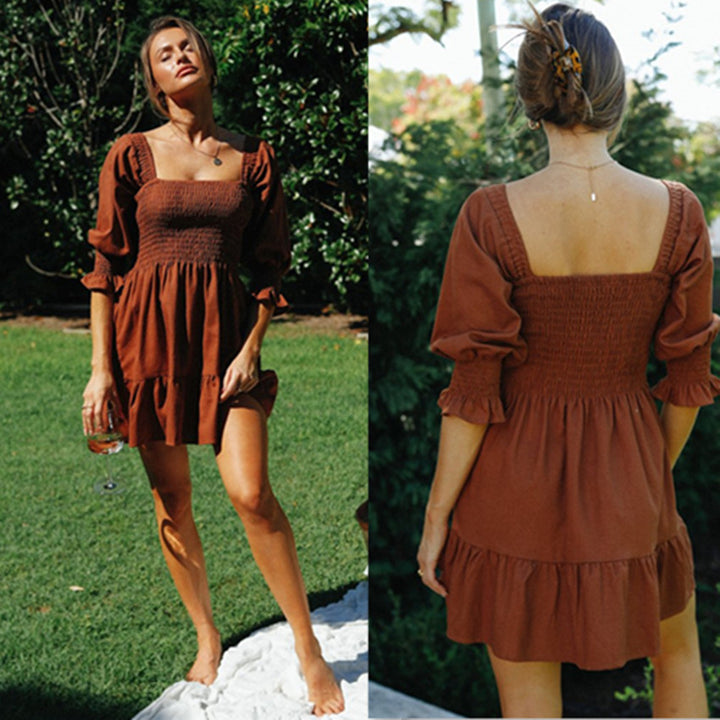 Kvinders off-the-shoulder mini kjole med elastisk rynket kant og puff ærmer Stilla