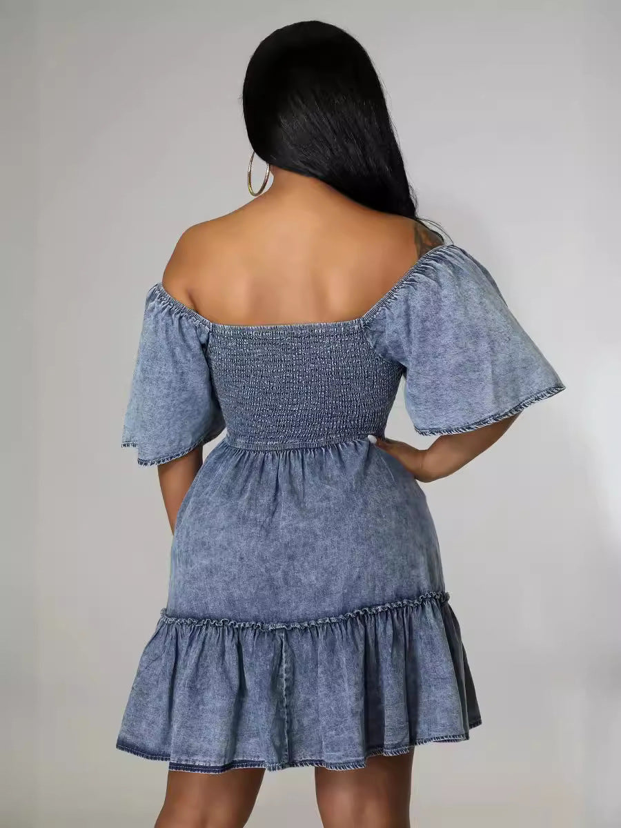 Dame Denim Kjole med luftige Rynke detaljer og elastisk Overdel Stilla