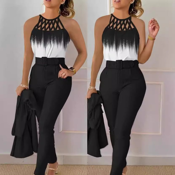 Dame Stilig Bluse med Netstropper og Elegant Bukser Skovae
