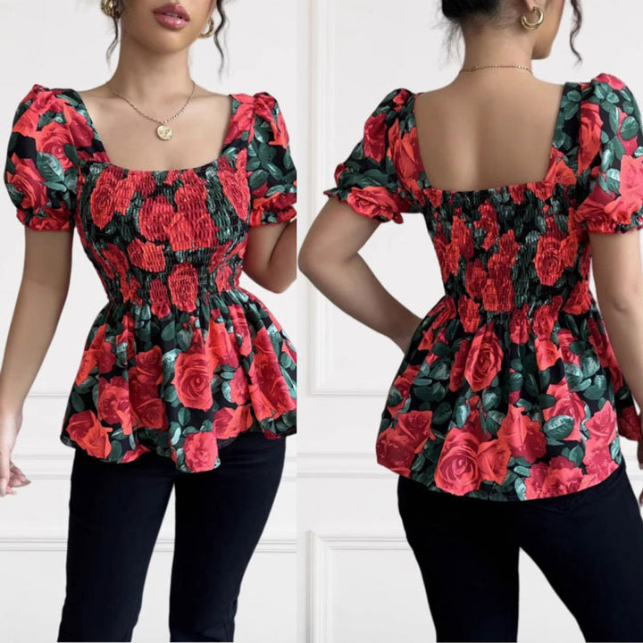 Dame Puffærme Floral Peplum Top Stilla