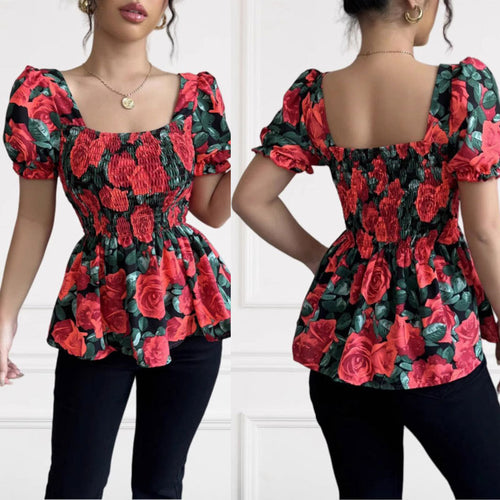 Dame puffærmet bluse med blomstret design og elastisk kant Stilla