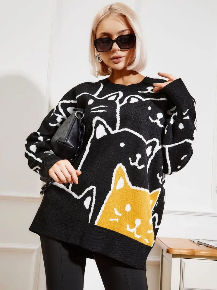 Dame stilfuld pullover med kattemotiv og afslappet snit Stilla