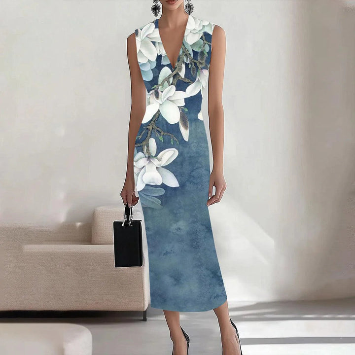 Dame V-Udskæring Ærmeløs Blomster Bodycon Kjole Stilla