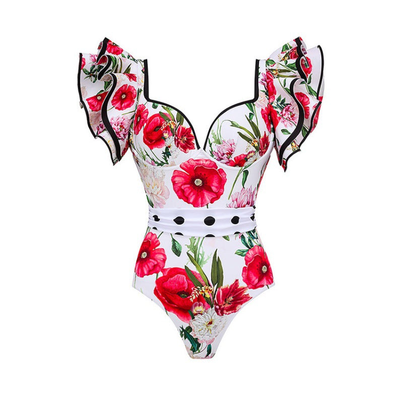 Dame badedragt med flæsedetaljer og blomsterkjole Skovae