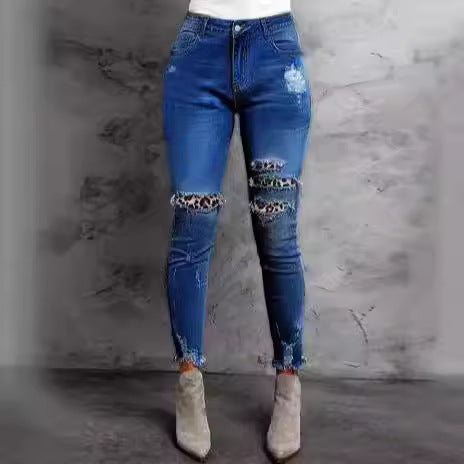Dame Skinny Jeans med leopardmønster og fashion rifts detaljer Stilla