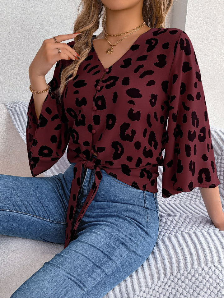 Dame Elegant Blusenskjorte med Leopardskprint og Knapdetalje Stilla