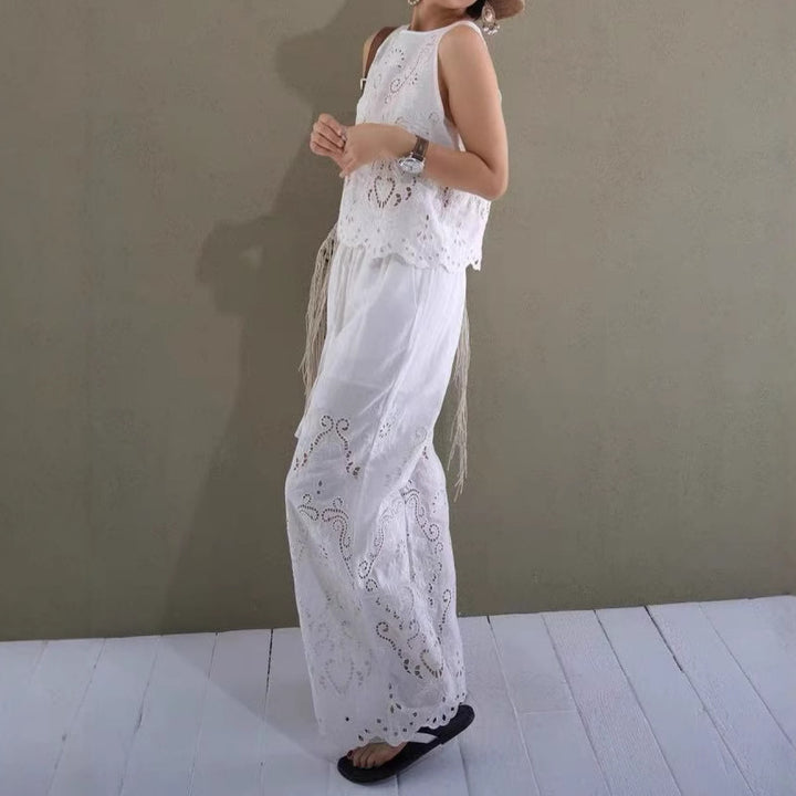 Dame Casual Chiffon Buksedragt med fin hæklemønster Stilla