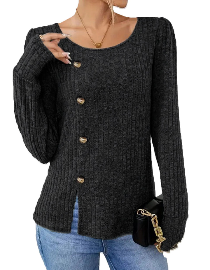 Dame finstrikket pullover med knaplukning og sidelommer Stilla
