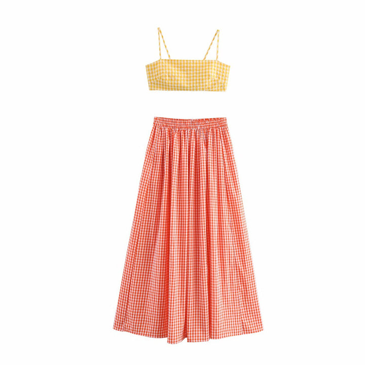 Femme Gingham Cropped Top og Maxi Nederdel Sæt Stilla