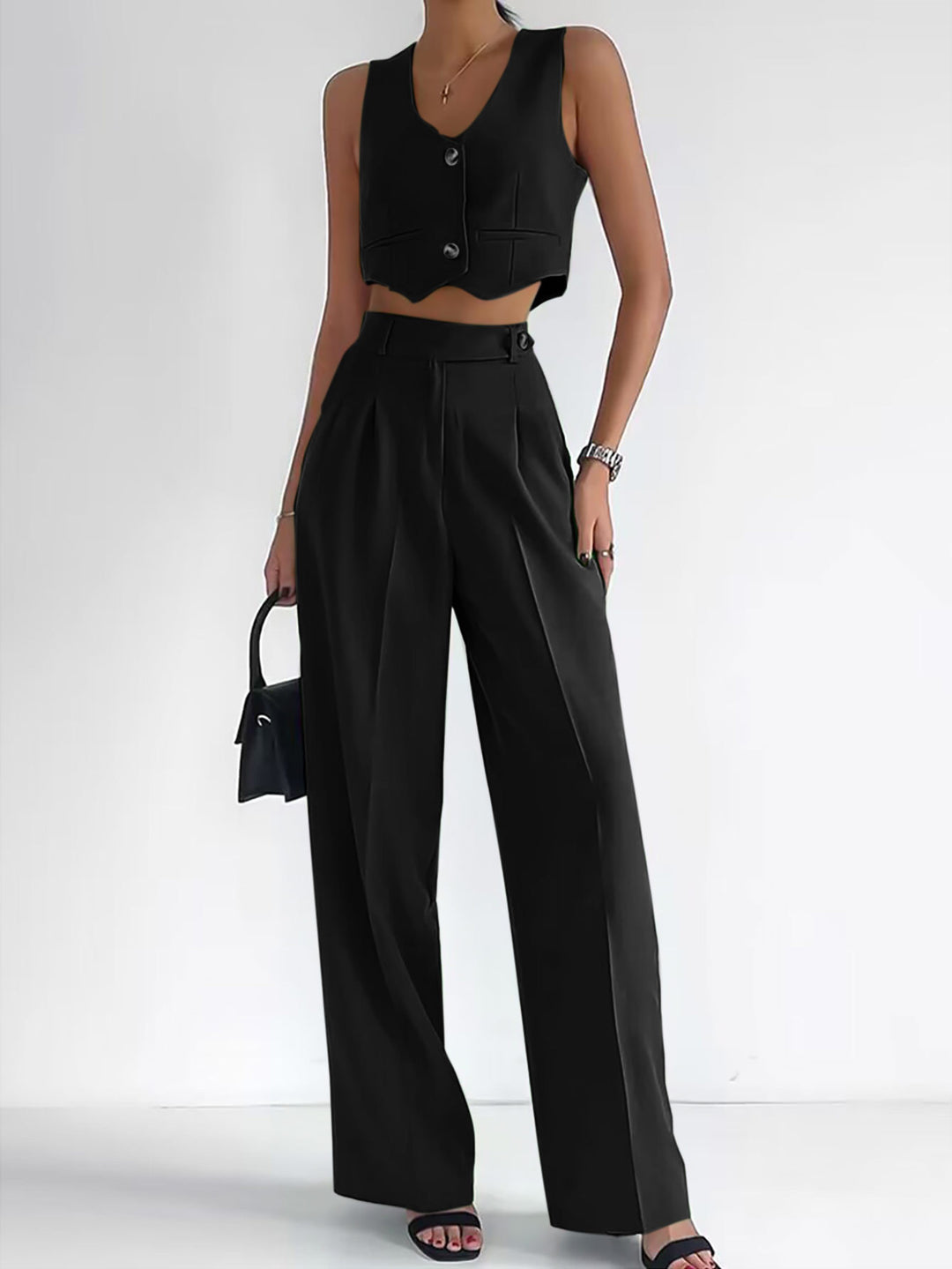 Dame Fashionable To-del-set med figursyet overdel og elegante, brede bukser Stilla