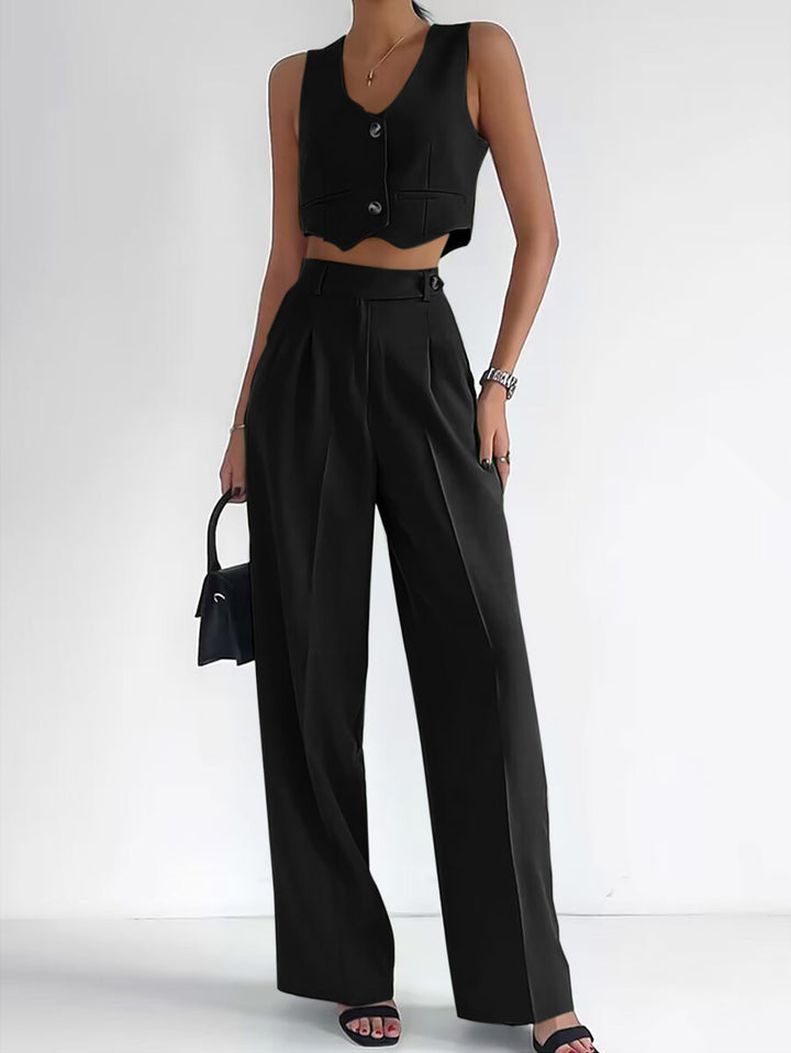 Dame Fashionable To-del-set med figursyet overdel og elegante, brede bukser Stilla