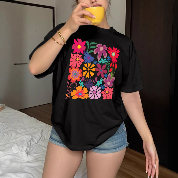 Dame T-shirt med farverigt blomsterprint Skovae