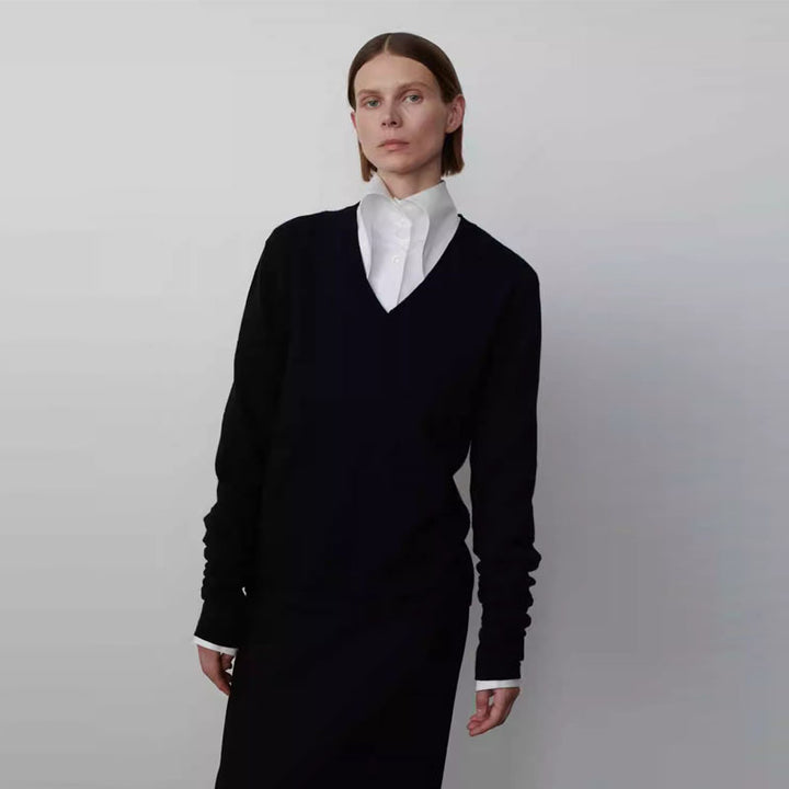 Damer Elegant og Casual Strik Sweater med V-Hals og Lange Ærmer Stilla