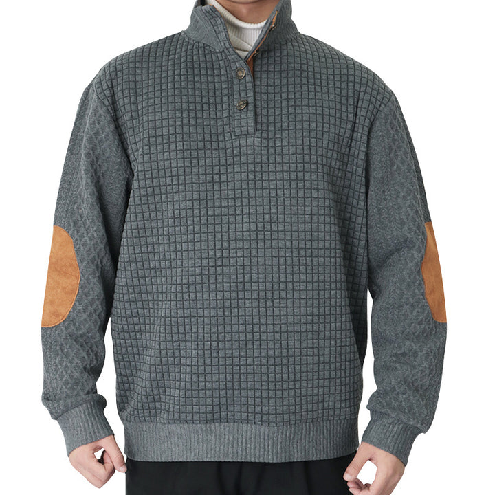 Herrer nan halvknap-ståkrave sweater med vaffelmønster og læderbesætning Skovae