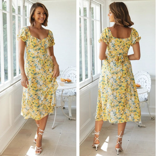 Femme Blomster Off-Shoulder Midi Kjole med Slidsdetalje Stilla