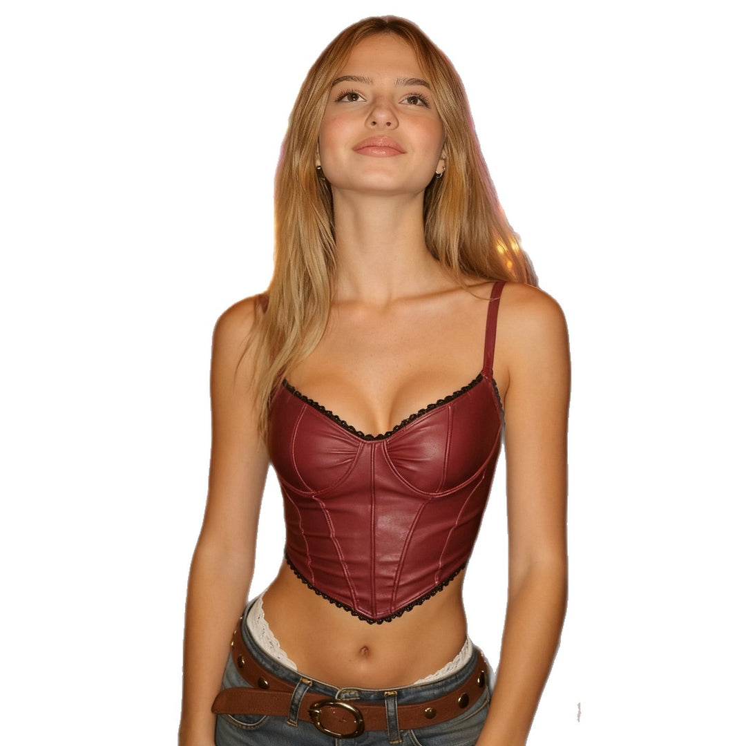 Dame Syntetisk Læder-Bustier-Top med elegant Blondekant Skovae
