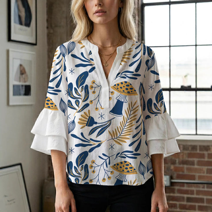 Dame Elegant top med volumiøse puffærmer og floraltryk Skovae