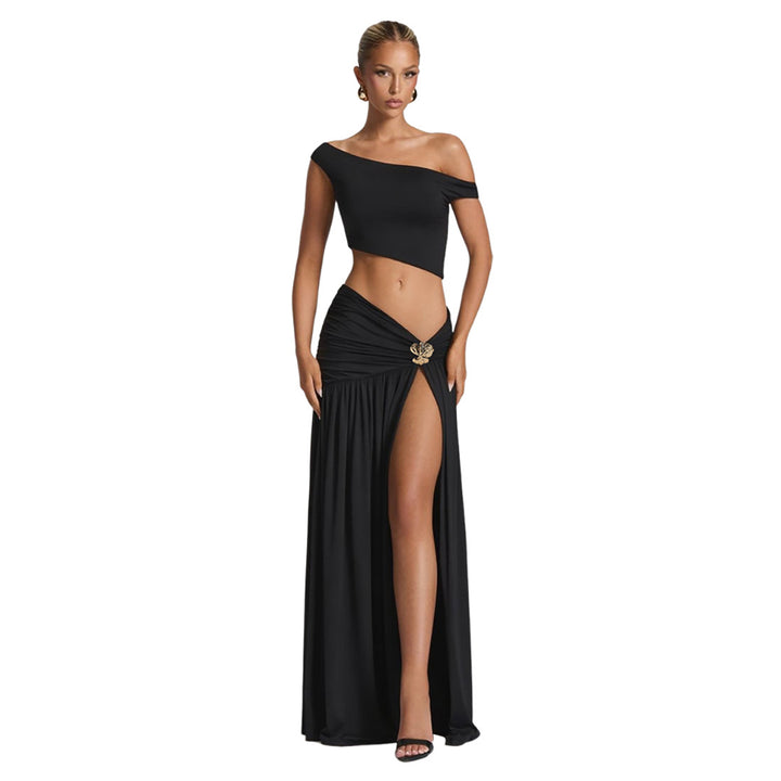 Dame Elegant Crop Top og Højskåret Maxi Nederdel Sæt Skovae