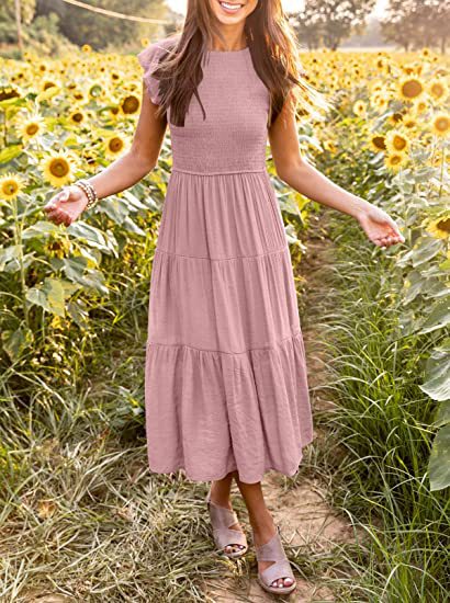 Stilla | Solid Farvet Rund Hals Cap Sleeve Løs Maxi Kjole