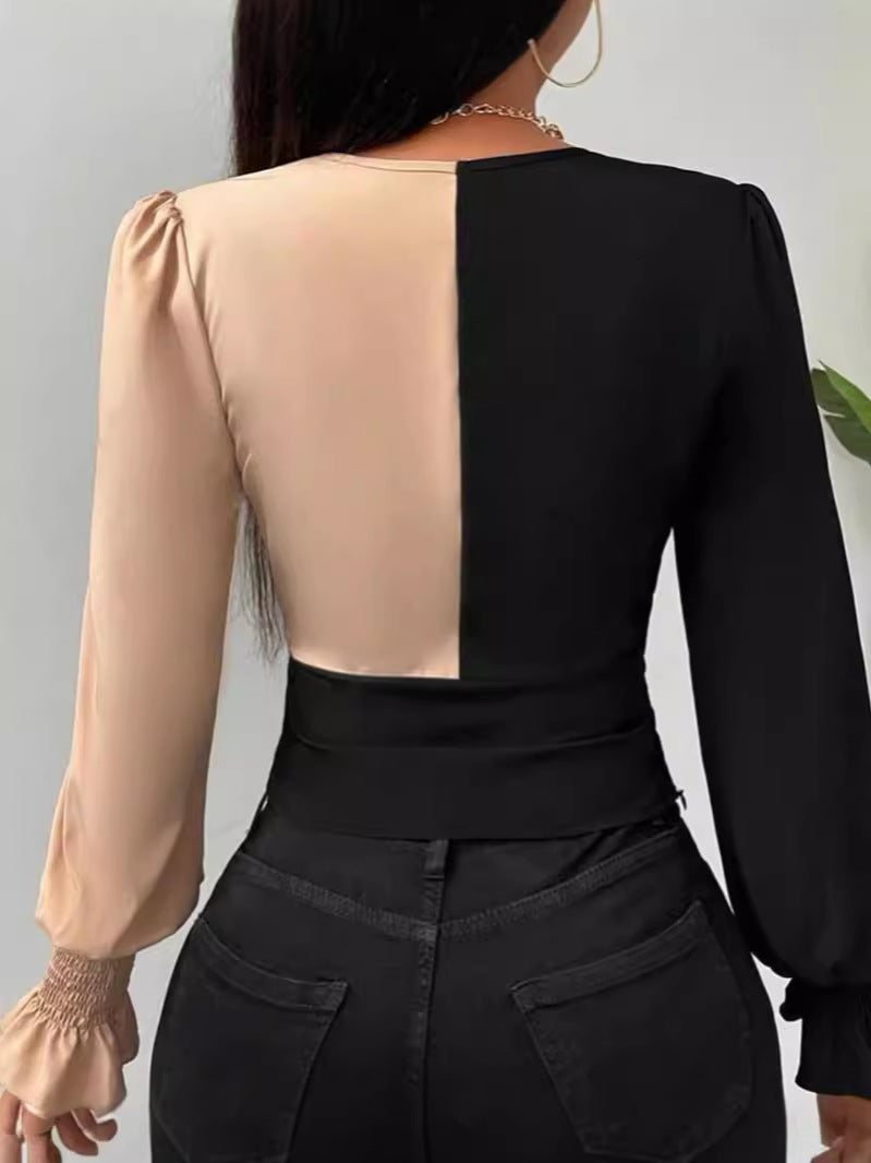 Dame Fashion Cropped Top med Vikledesign og Ballonærmer Stilla
