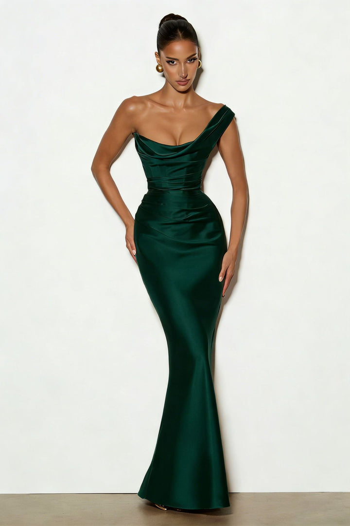 Damer Elegant Satin Lang Aftenkjole med asymmetrisk snit og figurvenligt design Skovae