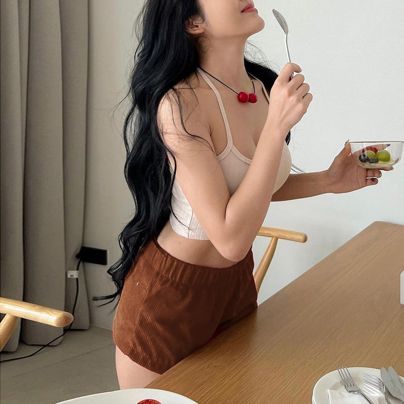 Dame Fritid Rib Crop Top og Højtaljede Shorts Sæt Stilla
