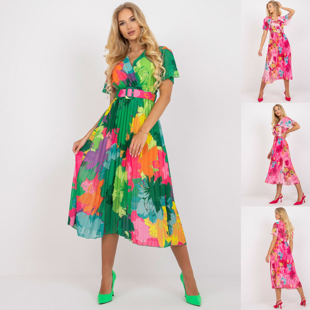 Femme Tropical Print A-linje Maxikjole med V-hals og flydende ærmer Stilla
